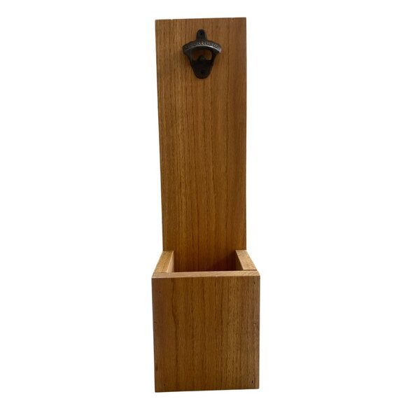 Wall-Mounted Oak Bottle Opener With Cap Catcher - Picture 1 of 6